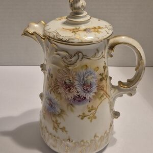 Hand-Painted Porcelain Floral Pitcher with Gold Trim - White